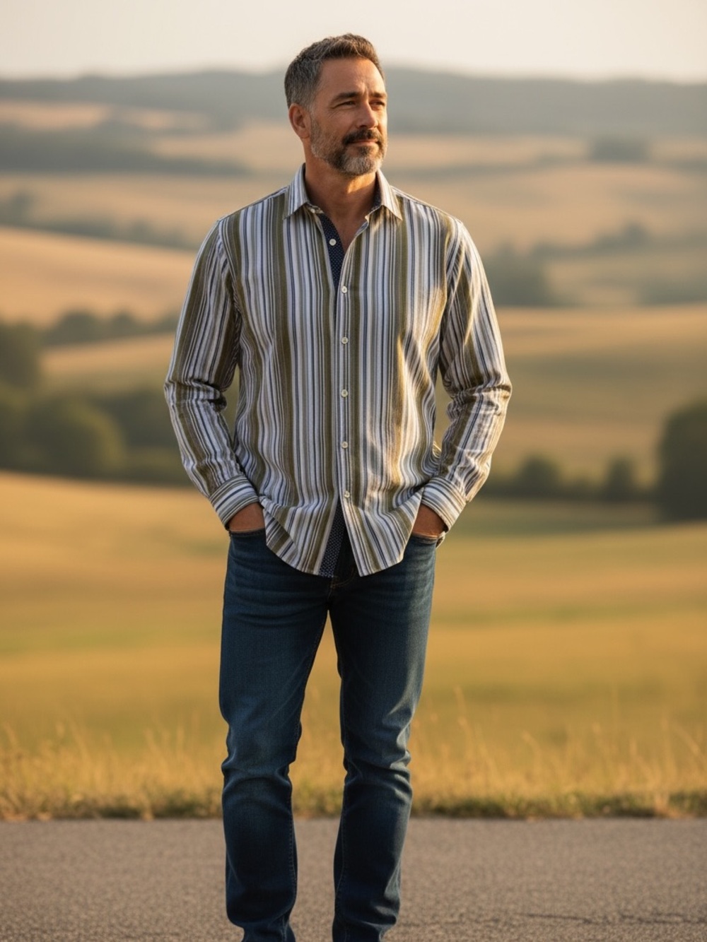 Men's Long-Sleeve Vertical Stripe Shirt‎ - Olive & Cream